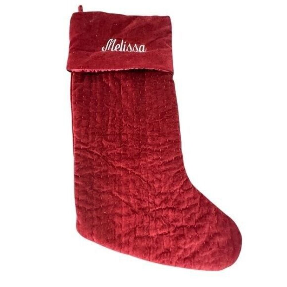 Melissa Pottery Barn Cranberry Red Quilted Velvet Christmas Holiday Stocking NEW